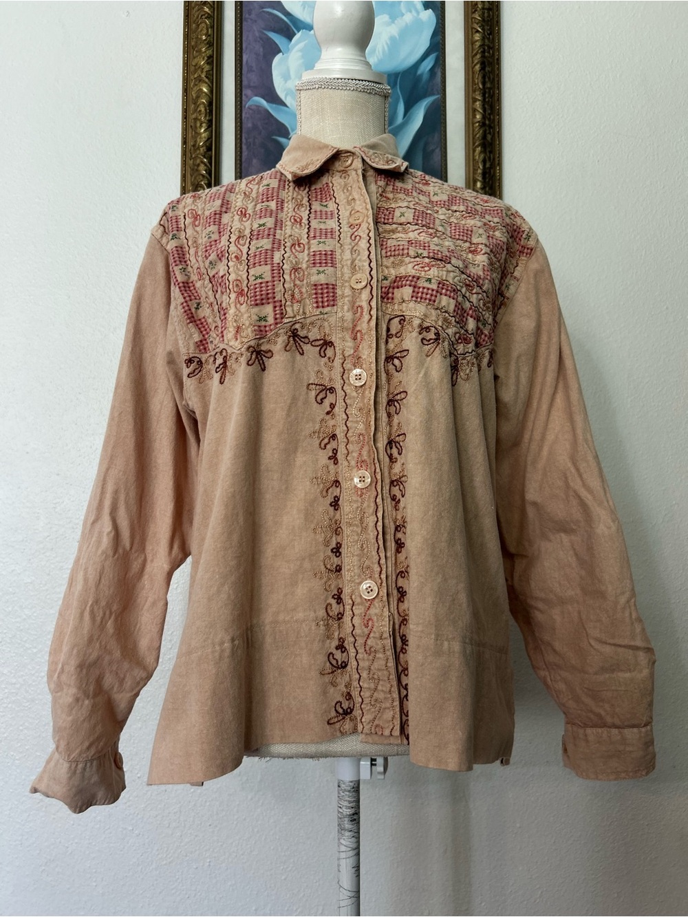 Vintage Creazioni Effeci Cottagecore Embroidered Blouse, Gingham Patchwork Yoke